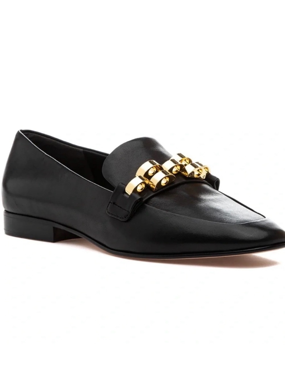 Veronica Beard Black Leather Loafer with Gold Chain Detail